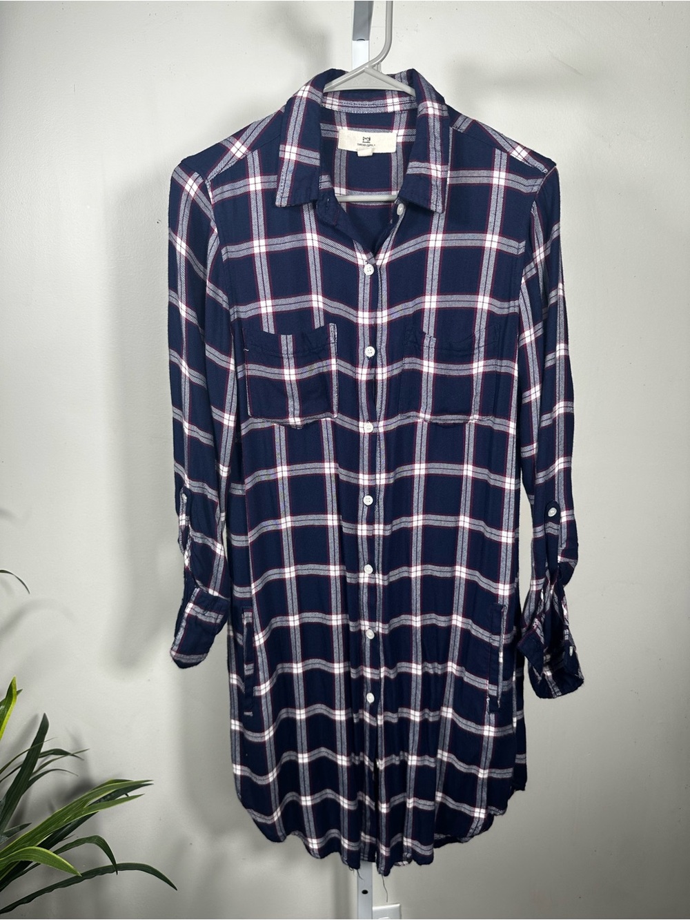 230. Thread & Supply Navy Wine Plaid Shirt Dress Tunic Small 100% Rayon